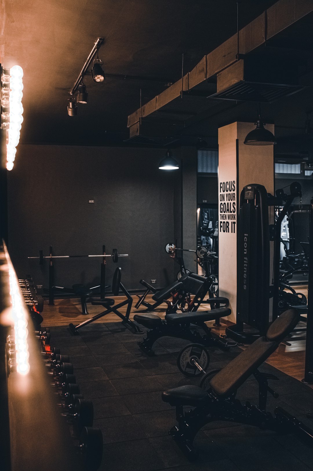 Free weights area with dumbbell racks